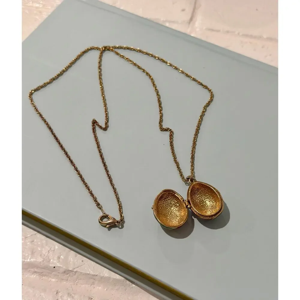 Vintage Joan Rivers Faberge Style Egg Locket Necklace • Gold Tone • Crystal Acc